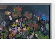 This large abstract contemporary oil painting has a floral theme rendered in blue and green. Image 4