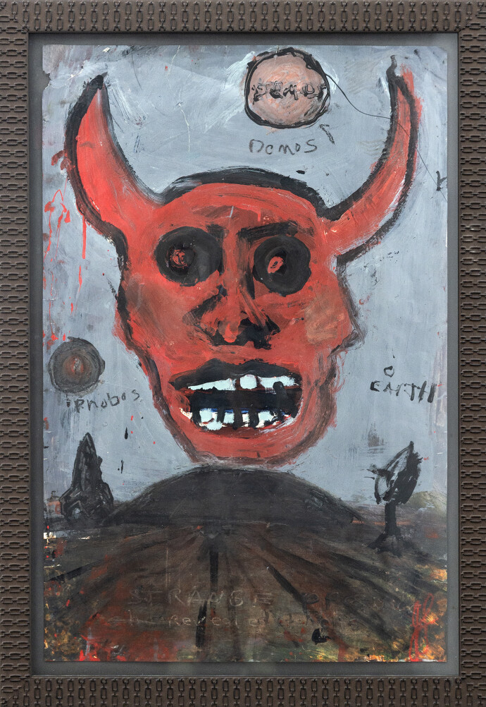 This graphic painting by John Scott deals with images associated with the devil and war.