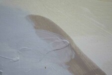 Pastel colours of luminous mauve and yellow acrylic are drawn, fan like, into a circular swath that fills the picture plane. Image 6