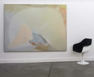 Pastel colours of luminous mauve and yellow acrylic are drawn, fan like, into a circular swath that fills the picture plane. Image 2