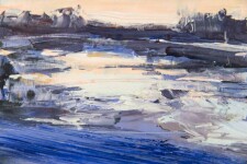 In this dramatic landscape by Canadian artist Julie Himel the sky and land appear in shades of blue highlighted with soft peach and white co… Image 4