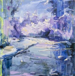 A river winds through a landscape of brilliant sapphire, white and gold in this composition by Julie Himel.