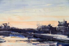In this dramatic landscape by Canadian artist Julie Himel the sky and land appear in shades of blue highlighted with soft peach and white co… Image 5