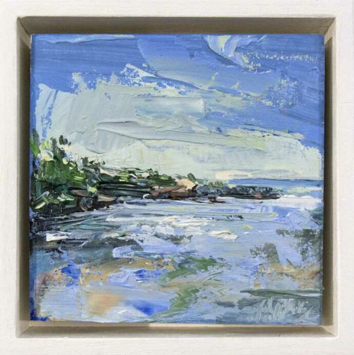An impasto of bright blues and greens is used to create this charming and intimately sized landscape by Julie Himel.