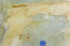 And island of burnished ochre and white floats on a pale green ground in this contemplative abstraction by Jutta Naim. Image 3