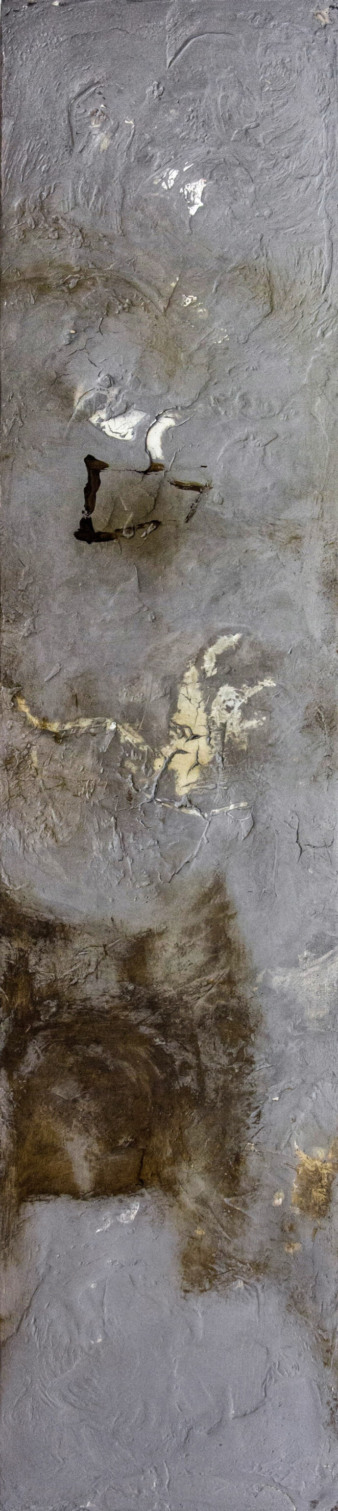 Washes of charcoal and ochre merge with a tactile surface in this atmospheric plaster and pigment painting by Jutta Naim.