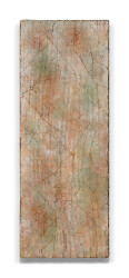 This contemporary mixed media abstract composition is rendered in earthy hues and painted on linen.