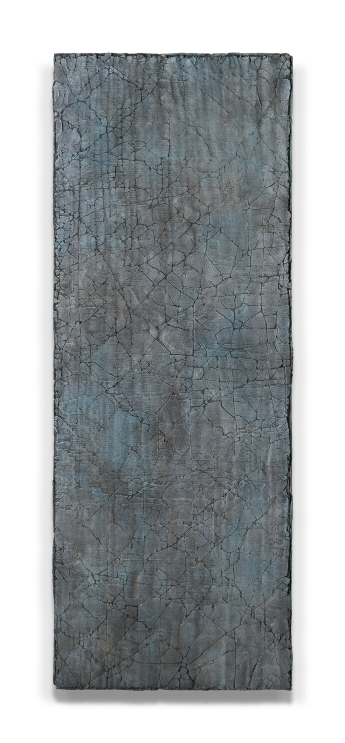 This contemporary mixed media abstract composition is rendered in earthy hues and painted on linen.