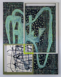 This contemporary abstract mixed media composition consists of geometric and expressive shapes in teal and black.