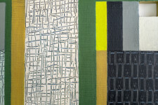 This contemporary abstract mixed media piece consists of oil on wood and a fabric collage in colourful geometric shapes. Image 7