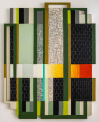 This contemporary abstract mixed media piece consists of oil on wood and a fabric collage in colourful geometric shapes.