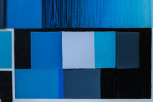 This contemporary abstract mixed media composition consists of predominantly blue geometric shapes. Image 6