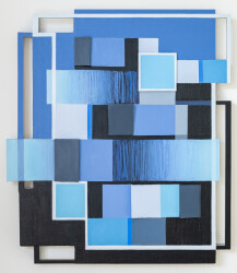 This contemporary abstract mixed media composition consists of predominantly blue geometric shapes.