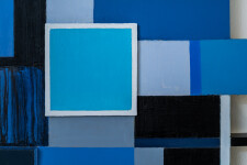This contemporary abstract mixed media composition consists of predominantly blue geometric shapes. Image 7