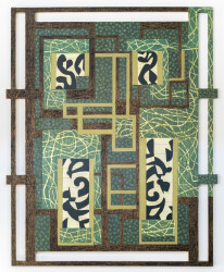 This contemporary abstract mixed media composition is geometric in form.