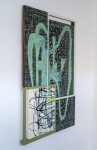 This contemporary abstract mixed media composition consists of geometric and expressive shapes in teal and black. Image 3