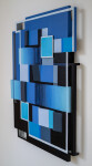 This contemporary abstract mixed media composition consists of predominantly blue geometric shapes. Image 3