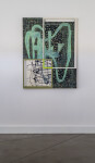This contemporary abstract mixed media composition consists of geometric and expressive shapes in teal and black. Image 2