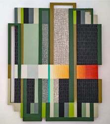 This contemporary abstract mixed media piece consists of oil on wood and a fabric collage in colourful geometric shapes.