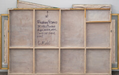 This contemporary abstract acrylic painting consists of green geometric shapes. Image 12