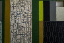 This contemporary abstract mixed media piece consists of oil on wood and a fabric collage in colourful geometric shapes. Image 7