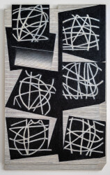 This contemporary abstract mixed media composition consists of black and white geometric shapes.