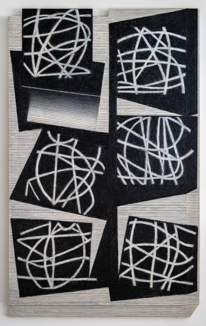 This contemporary abstract mixed media composition consists of black and white geometric shapes.