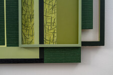 This contemporary abstract acrylic painting consists of green geometric shapes. Image 5