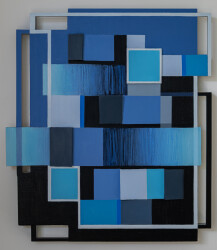 This contemporary abstract mixed media composition consists of predominantly blue geometric shapes.