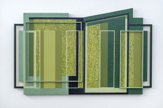 This contemporary abstract acrylic painting consists of green geometric shapes.