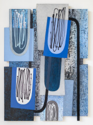 This contemporary abstract painting consists of geometric shapes in shades of blue.