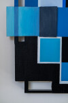 This contemporary abstract mixed media composition consists of predominantly blue geometric shapes. Image 5