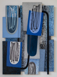 This contemporary abstract painting consists of geometric shapes in shades of blue.