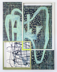 This contemporary abstract mixed media composition consists of geometric and expressive shapes in teal and black.
