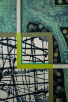 This contemporary abstract mixed media composition consists of geometric and expressive shapes in teal and black. Image 5