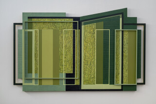 This contemporary abstract acrylic painting consists of green geometric shapes.