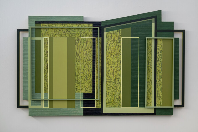 This contemporary abstract acrylic painting consists of green geometric shapes.