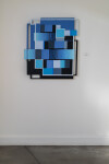 This contemporary abstract mixed media composition consists of predominantly blue geometric shapes. Image 2