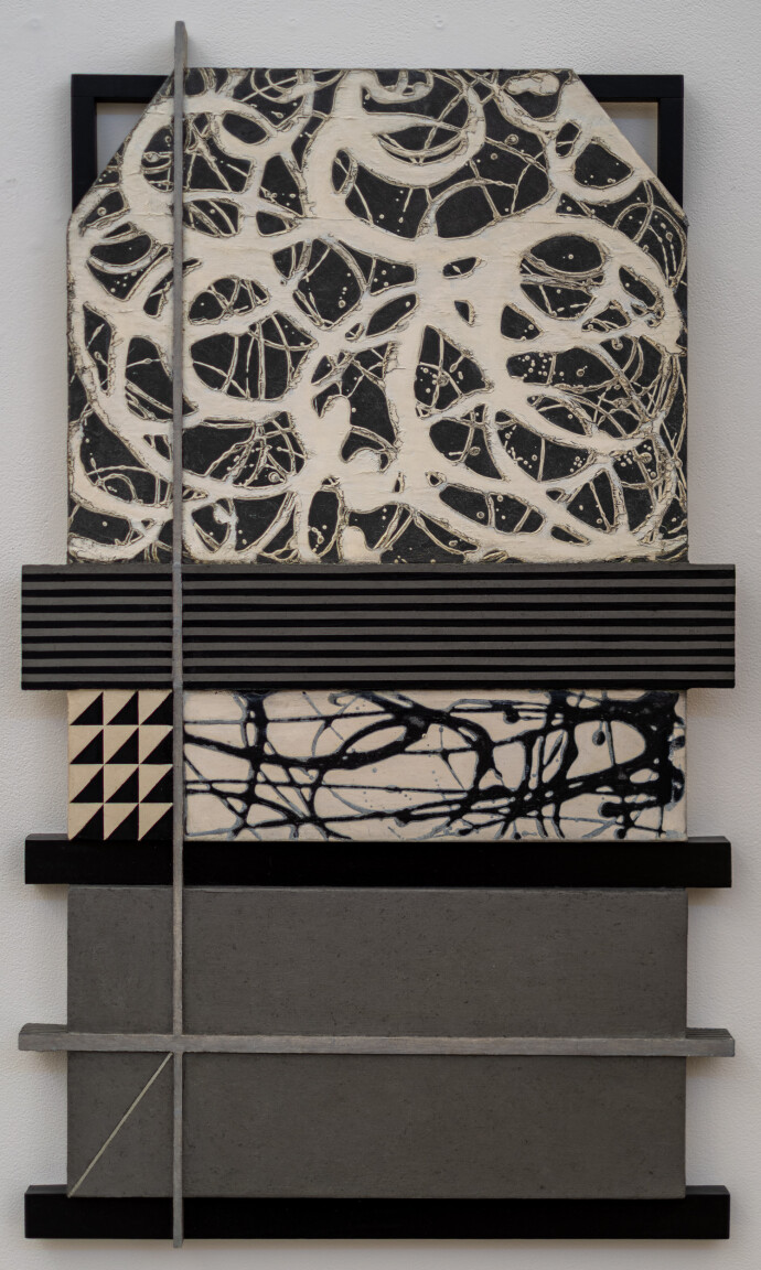 This contemporary abstract painting has expressive markings and geometric shapes in black and white.