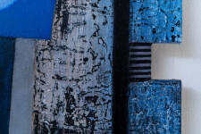 This contemporary abstract painting consists of geometric shapes in shades of blue. Image 7