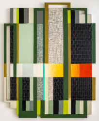 This contemporary abstract mixed media piece consists of oil on wood and a fabric collage in colourful geometric shapes.