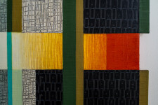 This contemporary abstract mixed media piece consists of oil on wood and a fabric collage in colourful geometric shapes. Image 5