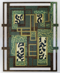 This contemporary abstract mixed media composition is geometric in form.