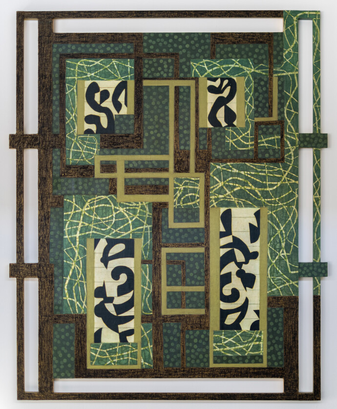 This contemporary abstract mixed media composition is geometric in form.