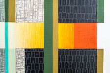 This contemporary abstract mixed media piece consists of oil on wood and a fabric collage in colourful geometric shapes. Image 5