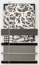 This contemporary abstract painting has expressive markings and geometric shapes in black and white.