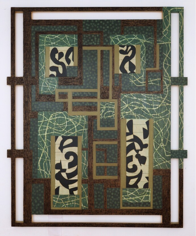 This contemporary abstract mixed media composition is geometric in form.