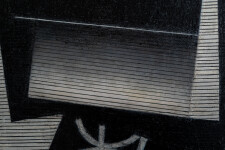 This contemporary abstract mixed media composition consists of black and white geometric shapes. Image 6