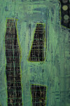 This contemporary abstract mixed media composition consists of geometric and expressive shapes in teal and black. Image 7