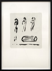 In this striking black ink on white drawing by Canadian artist Lynne Fernie, three standing figures appear to move across the canvas.